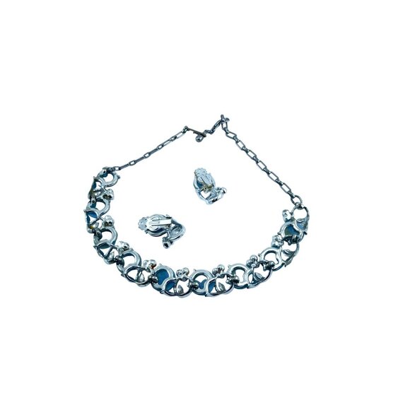 Vintage Blue Moonglow Bead & Faux Pearl Necklace Earrings Set Silver Tone Floral - Picture 8 of 10